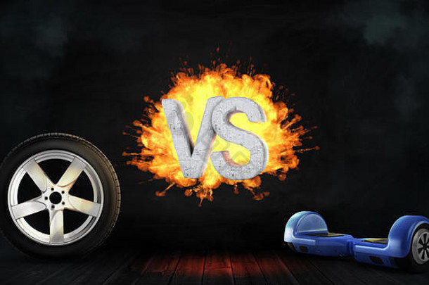 汽车车轮和蓝色自平衡板之间燃烧的混凝土字母VS支架的3d渲染。