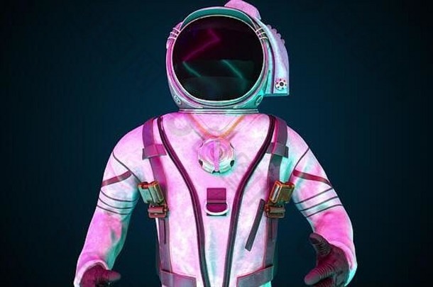 在霓虹灯下穿着金属防护服的宇航员。计算机生成的空间背景、三维渲染