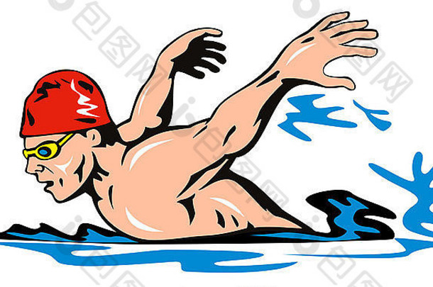 游泳运动员蝶泳侧视图的插图，隔离在白色屏幕上