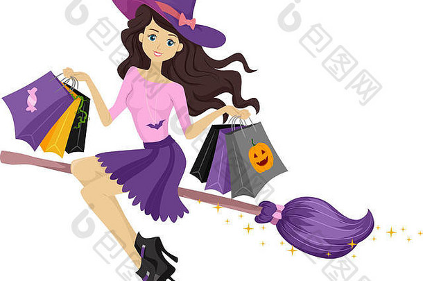 一个十几岁的女巫骑在扫帚上提着购物袋的插图
