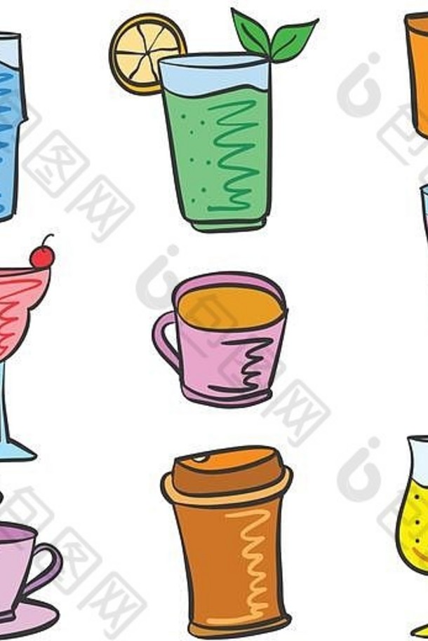 五颜六色的各种饮料套装涂鸦