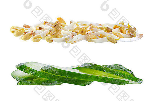 白色背景上的黄瓜片和胚芽小麦