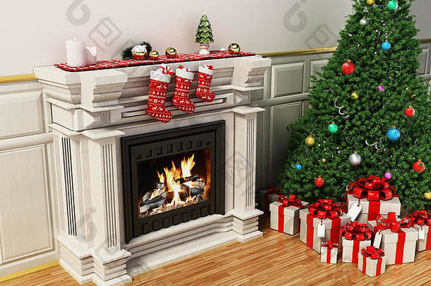 圣诞节树燃烧壁炉插图