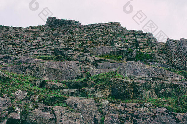 马丘比丘的岩石和石墙遗址。联合国教科文组织世界遗产。秘鲁。南美洲。没有人。