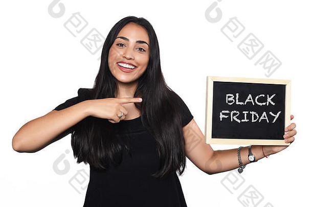 肖像年轻的拉丁女人持有黑板文本黑色的星期五出售概念孤立的白色背景