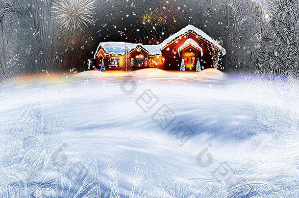 用灯光和烟火装饰的圣诞屋的冬季背景
