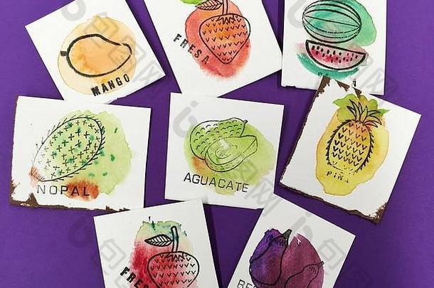 水果蔬菜邮票手画水彩背景