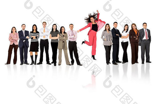 业务女人跳业务团队形成年轻的商人女商人站白色背景反射