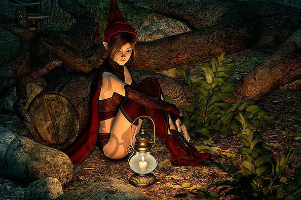 夜间森林里，一个仙女提着灯笼坐在地上的3d计算机图形