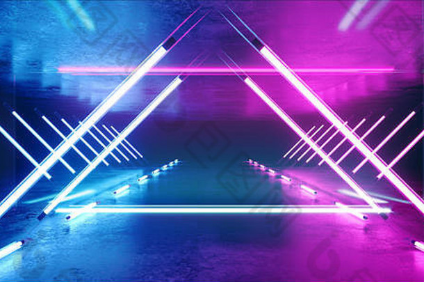 三角形科幻未来主义外星人复古虚拟现实霓虹灯发光荧光紫蓝色充满活力的线条灯反射式Grunge混凝土光泽R