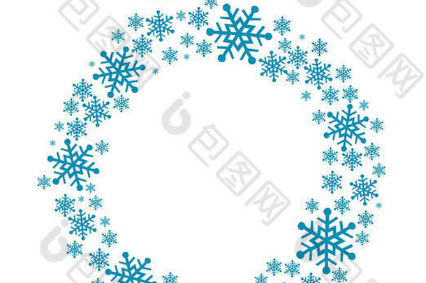 白色背景上蓝色雪花的圣诞框架和文本位置