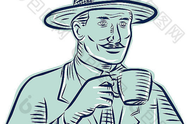 蚀刻雕刻手工风格插图，一名男子戴着复古软呢帽，手持咖啡杯，在孤立的白色背景上饮用咖啡。
