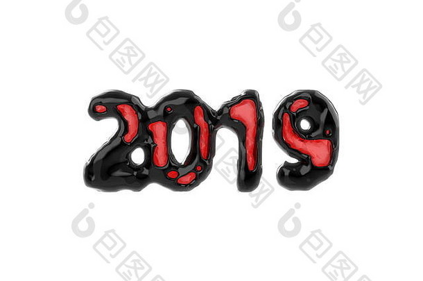 “快乐新年”横幅上印有2019年的数字，由明亮光滑的塑料黑色外壳和内部隔离在白色背景上的红色发光低聚平面核心制成。抽象三维插图