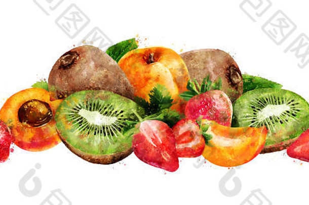 白色背景上的杏、草莓和猕猴桃。水彩插图