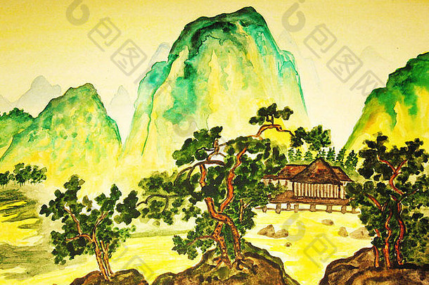 手画图片传统中国人绘画水彩画景观山树房子