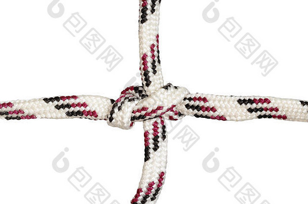 另一侧系在白色背景上剪下的合成绳上的安全带弯结