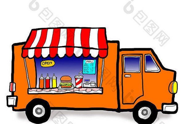 城里一辆街头食品卡车，出售外卖食品和饮料汉堡包。