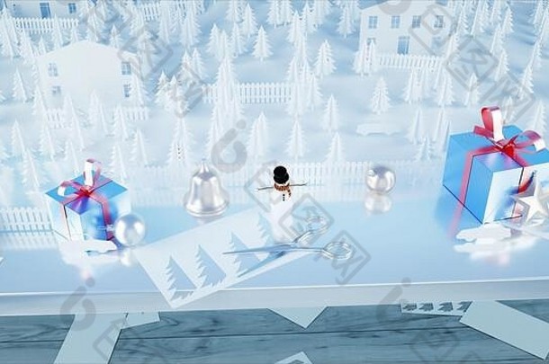 纸城市表格快乐一年圣诞节概念雪人礼物呈现