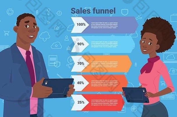 非洲业务男人。女人销售漏斗步骤阶段业务信息图表购买图概念蓝色的背景复制空间平设计