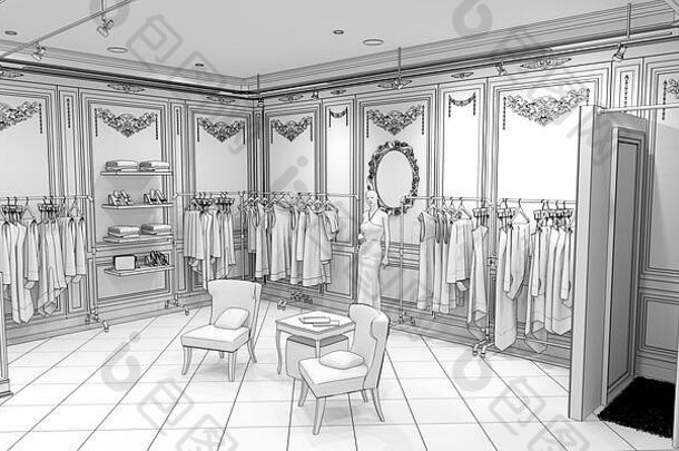 服装店、室内可视化、3D插图