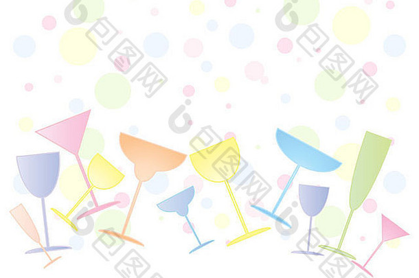 在彩色泡泡背景上展示不同形状的派对酒杯