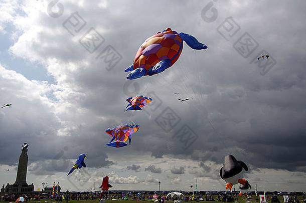 乌龟形状的风筝飞行黑暗狂风暴雨的天空8月朴茨茅斯风筝节日