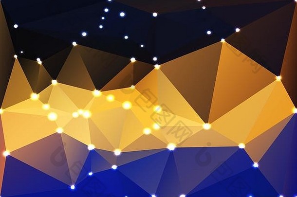 蓝黄橙黑抽象低多边形几何背景，带散焦光
