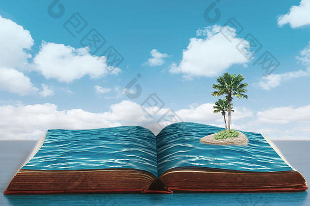 开放书海岛棕榈树蓝色的天空云
