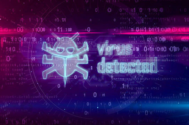 病毒检测到全息图数字背景危险警报蠕虫感染网络攻击警告摘要概念未来主义的插图