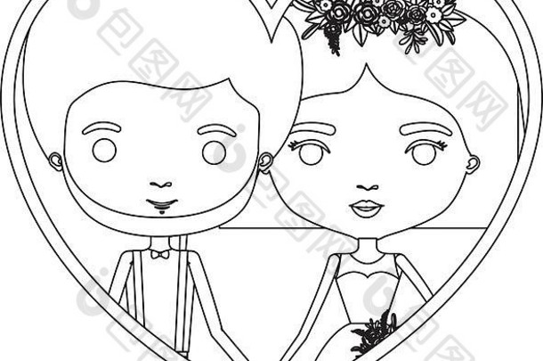 单色轮廓心形状肖像漫画新结婚了夫妇新郎正式的穿新娘直短发型