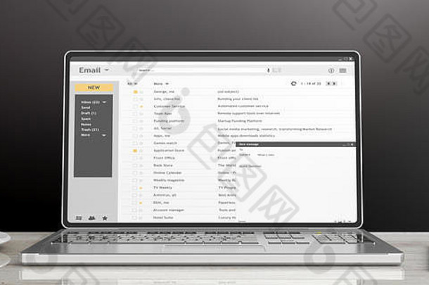 电子邮件列表显示在笔记本电脑屏幕上，屏幕与办公桌隔离，背景为黑色墙壁。三维插图
