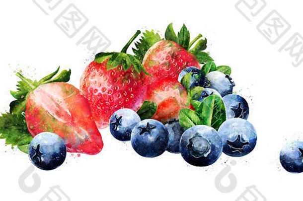 白底蓝莓和草莓。水彩插图