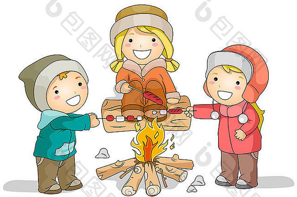 插图特色孩子们烤香肠篝火冬天