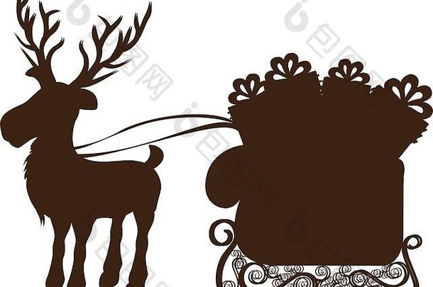 驯鹿和雪橇的单色剪影和礼物