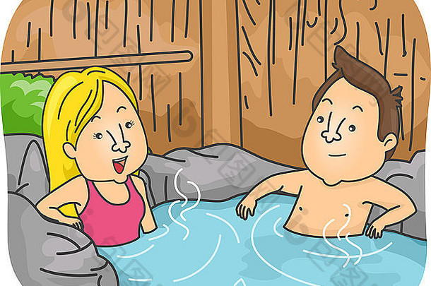一对夫妇在温泉中洗澡的插图
