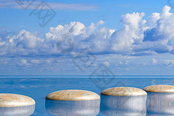 禅石在蓝天和宁静的山水背景下，从大到小排列在水中。三维插图
