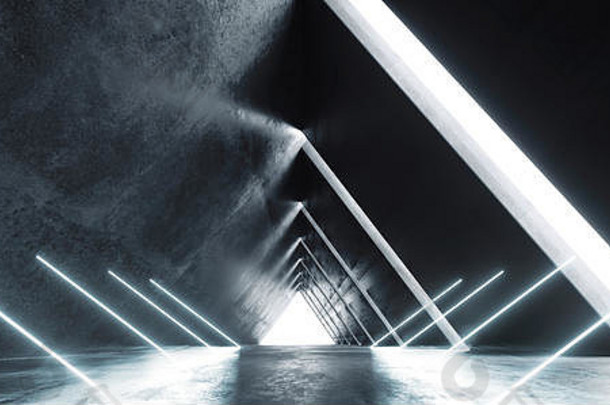 未来霓虹灯灯激光发光的蓝色的三角形形状的sci未来主义的隧道走廊车库走廊外星人宇宙飞船空呈现树脂