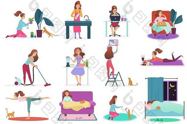 年轻女子家庭活动集。女孩浇花、洗碗、用笔记本电脑工作、放松、吃比萨饼、打扫房间、做饭、修理、画画、瑜伽