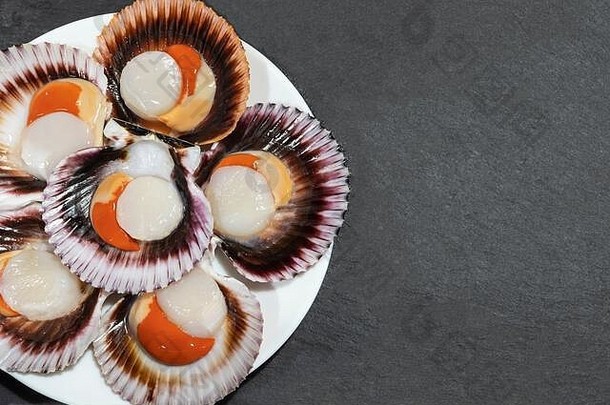 一盘白色的新鲜生扇贝，橙色鱼子酱和贝壳，深色背景。空间。豪华贝类和海鲜