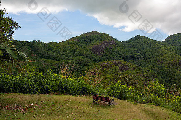 郁郁葱葱的热带丛林景观视图板凳上塞舌尔马埃
