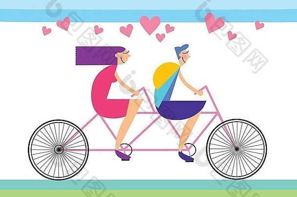夫妇爱骑串联自行车心形状