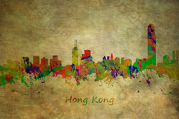 香港天际线水彩艺术版画