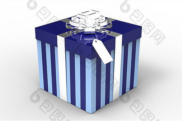 蓝色礼品盒，<strong>银色</strong>丝带与白色隔离
