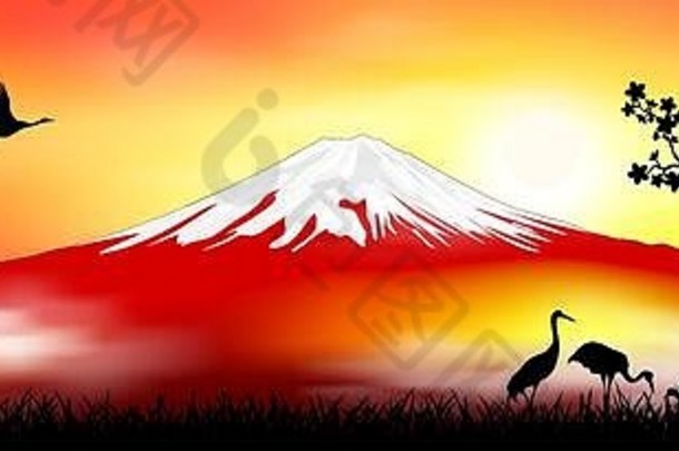 山富士日本景观宝塔门日本起重机樱花山富士轮廓日落