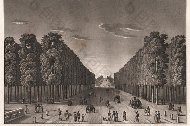巴黎：17的香榭丽舍大街。Aquatint，古董印花1808
