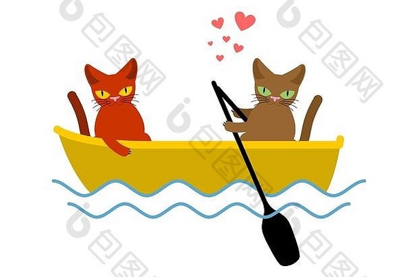 爱猫的人坐在船上。爱好航海。宠物浪漫约会。猫的生活方式