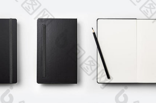 商业理念-黑蝇黑笔记本的俯视图集合白色开放页面，笔隔离在背景上，用于模拟