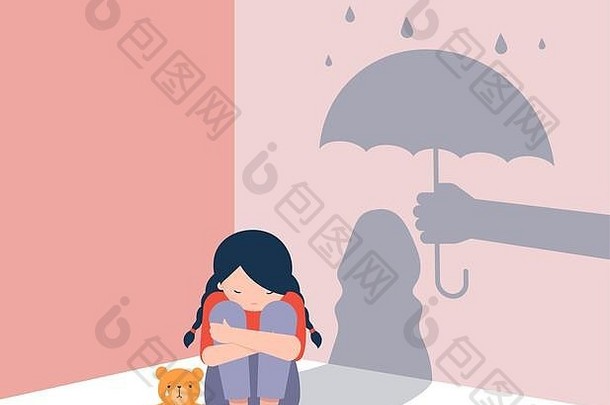 悲伤的小女孩和泰迪熊坐在地板上，墙上的影子是一只手拿着伞保护着她。虐待儿童、对儿童的暴力