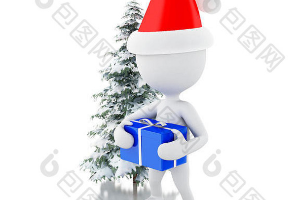 3d渲染器图像。带着蓝色礼盒和圣诞树的白人在新鲜的雪地里。圣诞节的概念。孤立白色背景