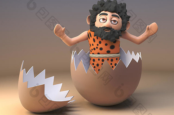 愚蠢的穴居人野蛮人角色在一个破裂的空蛋壳里玩耍，3d插图渲染